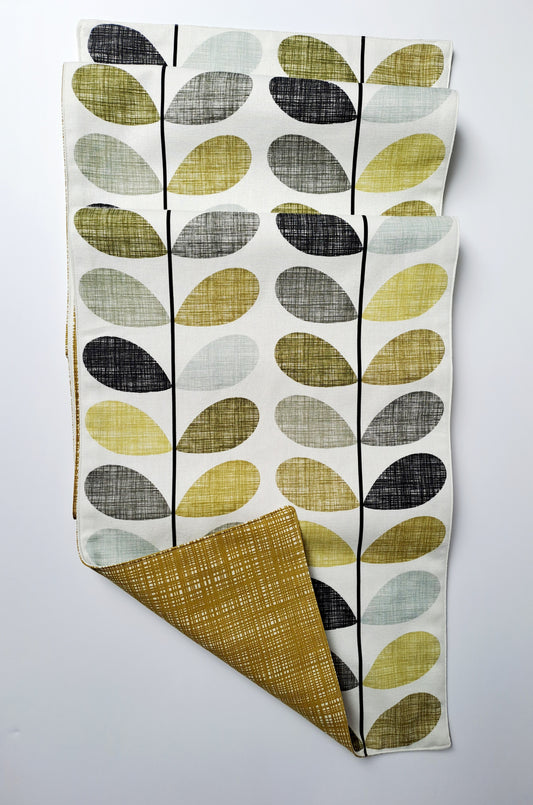 Double sided table runner, multi stem in yellow, blue and grey with scribble print in olive