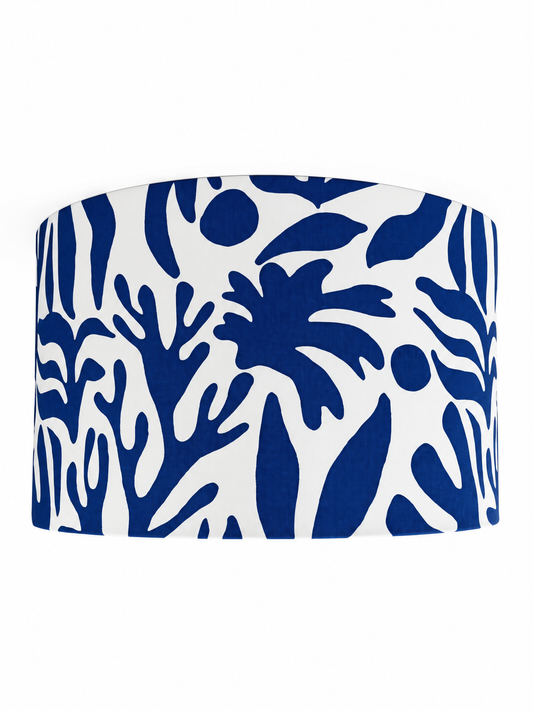 Blue seaweed print drum lampshade in blue and white. Coral reef print pendant