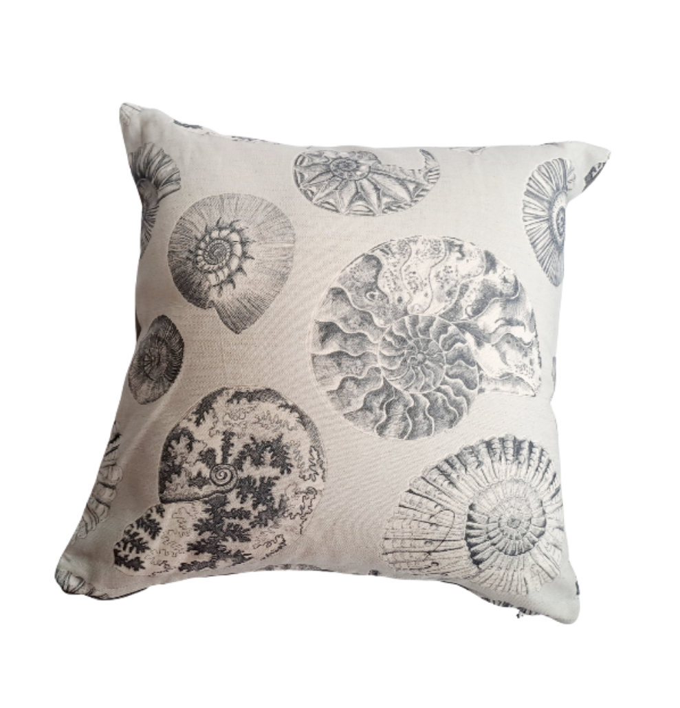 Ammonite print cushion in grey