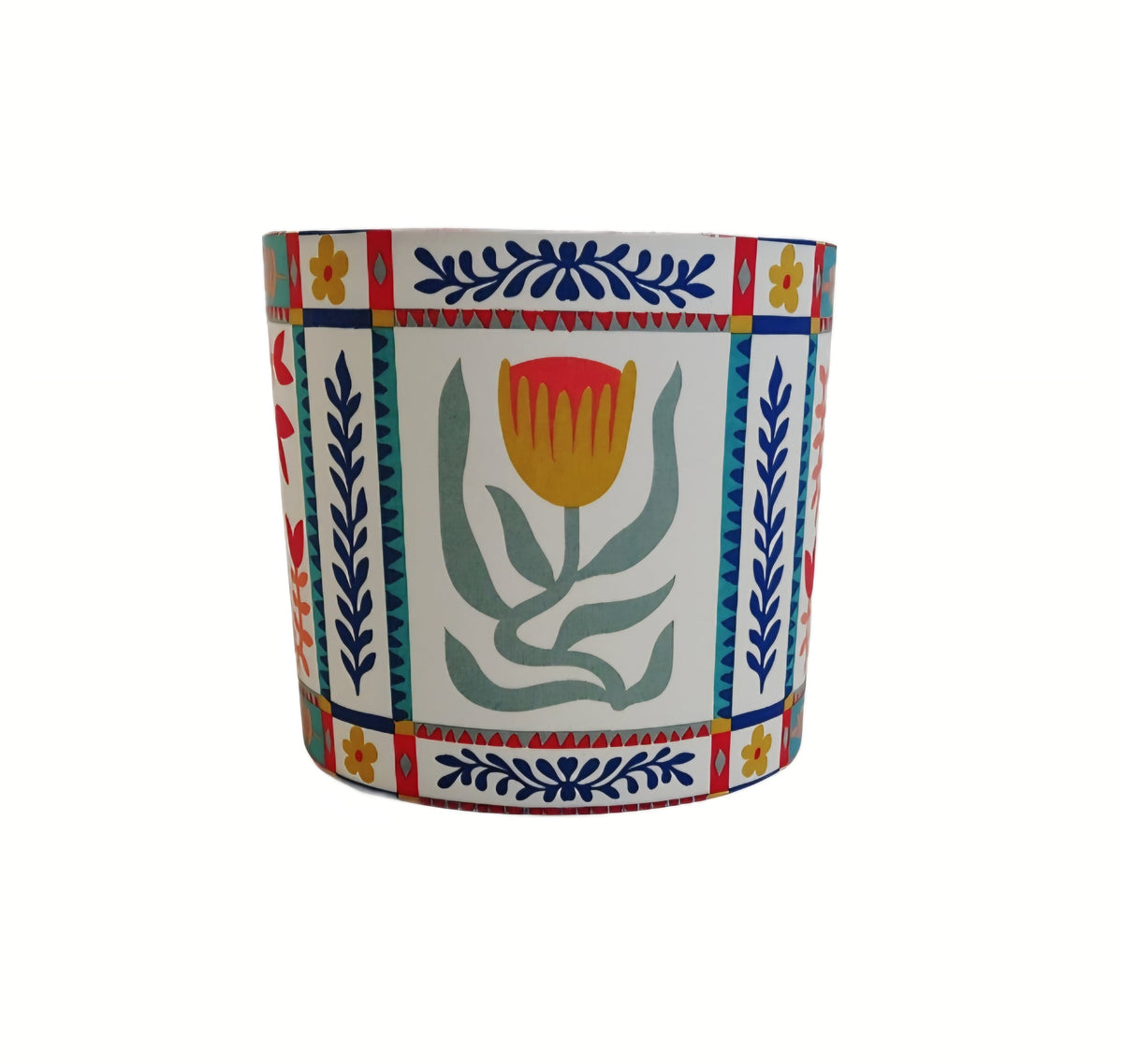 Scandi style tile print lampshade in red, blue and green. Kitsch folk art flower print shade
