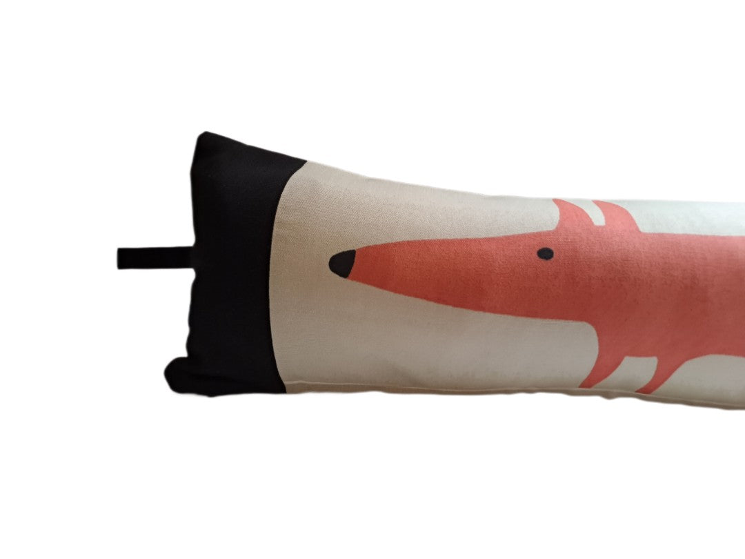 Mr Fox print draught excluder cushion in orange and beige