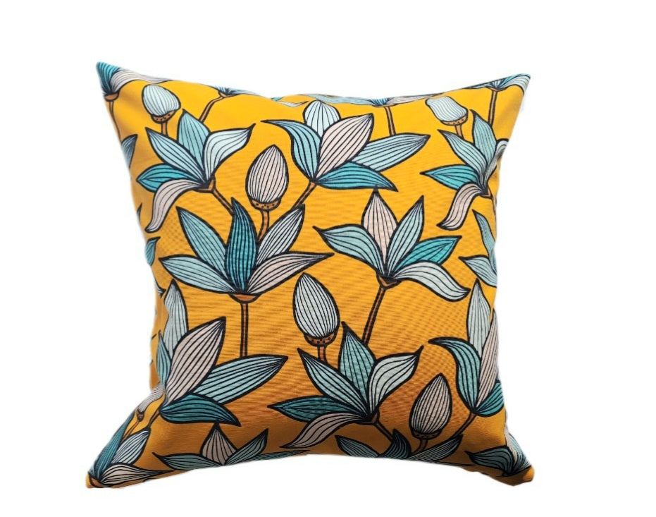 Tulip print cushion in yellow and aqua