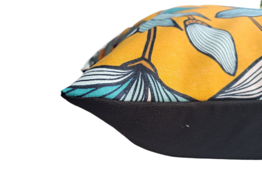 Tulip print cushion in yellow and aqua