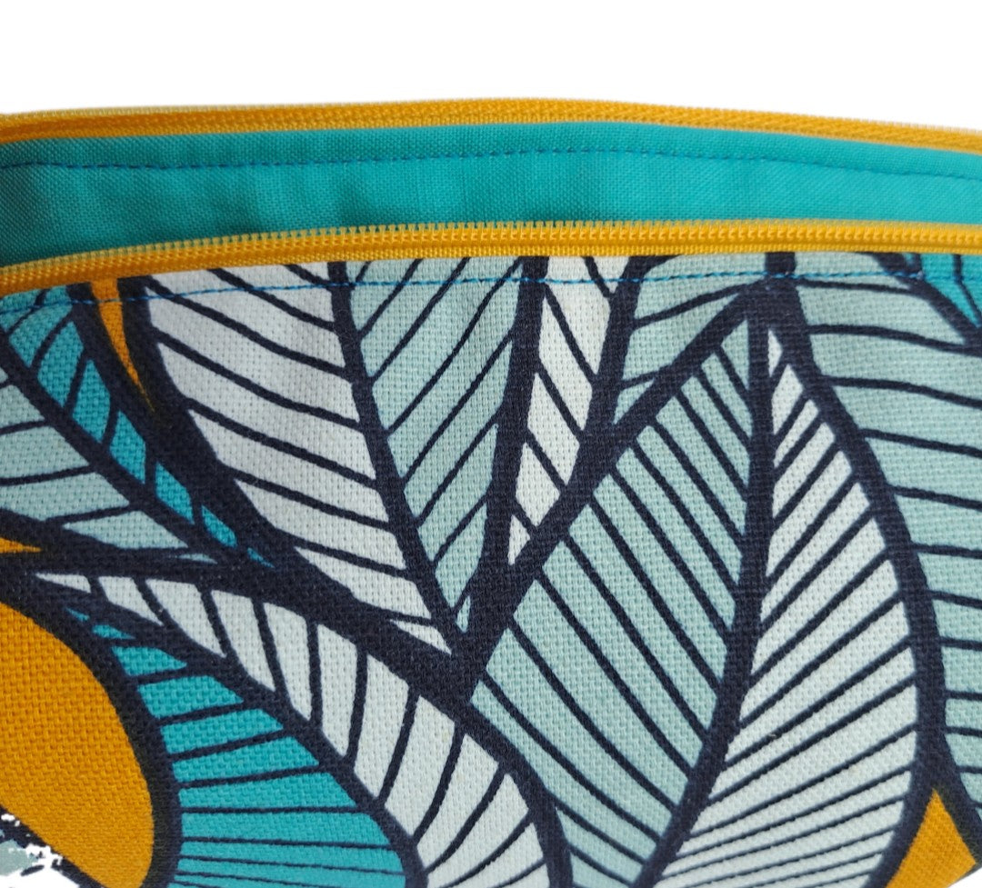 Peony print cosmetic bag in aqua and mustard