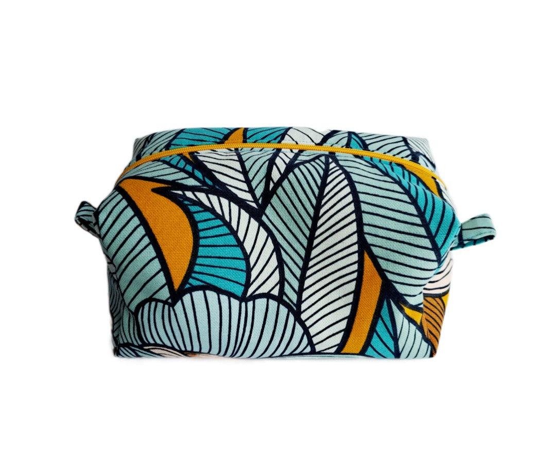 Peony print cosmetic bag in aqua and mustard