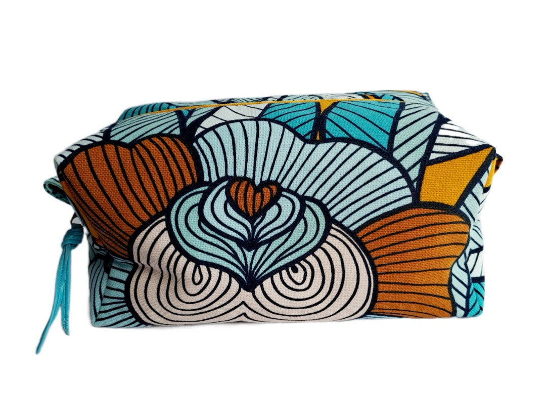 Peony print cosmetic bag in aqua and mustard