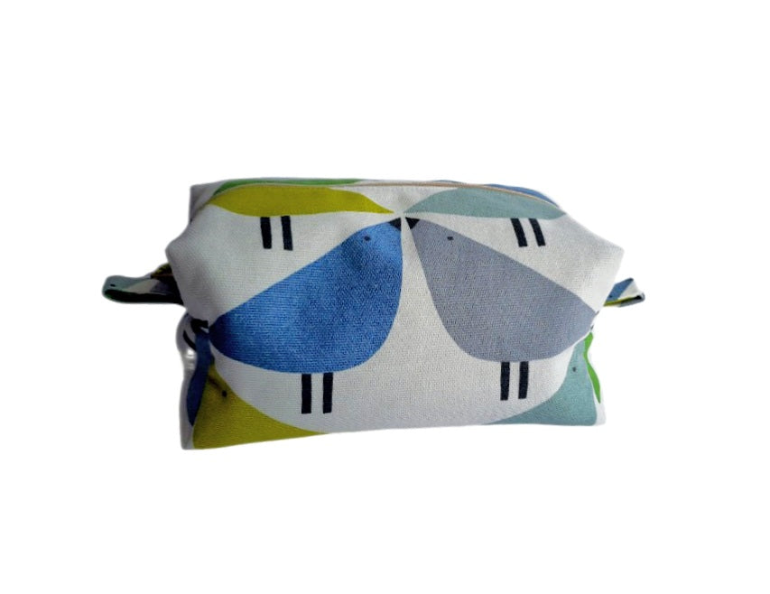 Lovebird print cosmetic bag in blue, green and grey