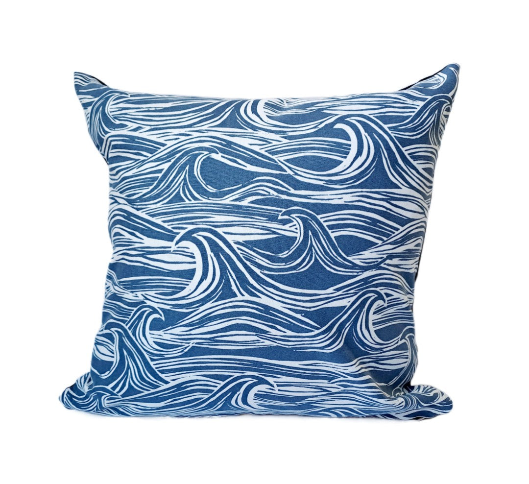 Wave print cushion in blue