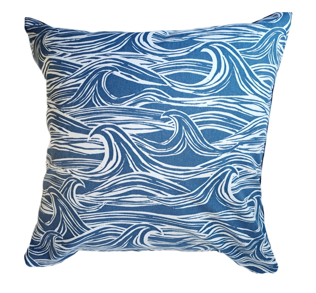 Wave print cushion in blue