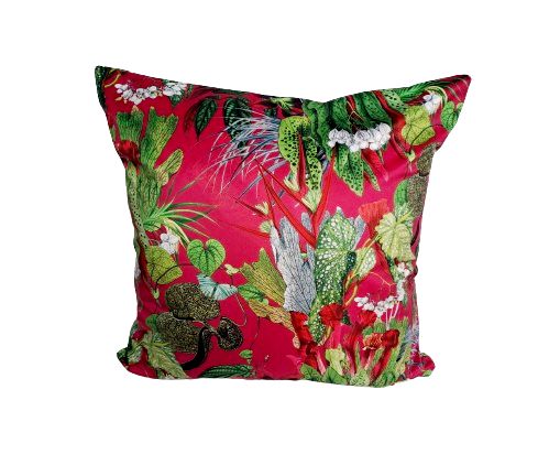 Tropical print velvet cushion in pink and green