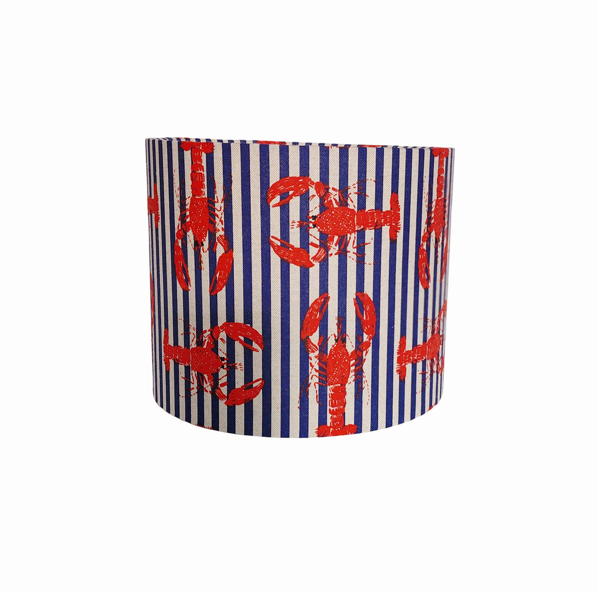 Red and blue lobster and stripe print drum lampshade: nautical print in red lamp and blue