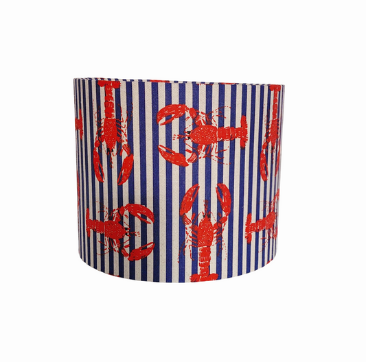 Red and blue lobster and stripe print drum lampshade: nautical print in red lamp and blue
