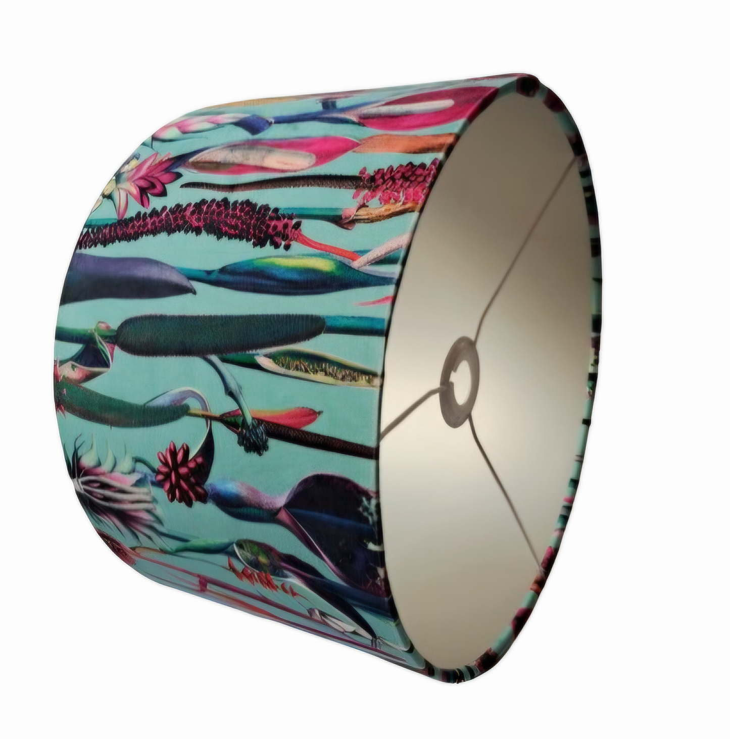 Botanical print lampshade in blue and pink with metallic embossed lining