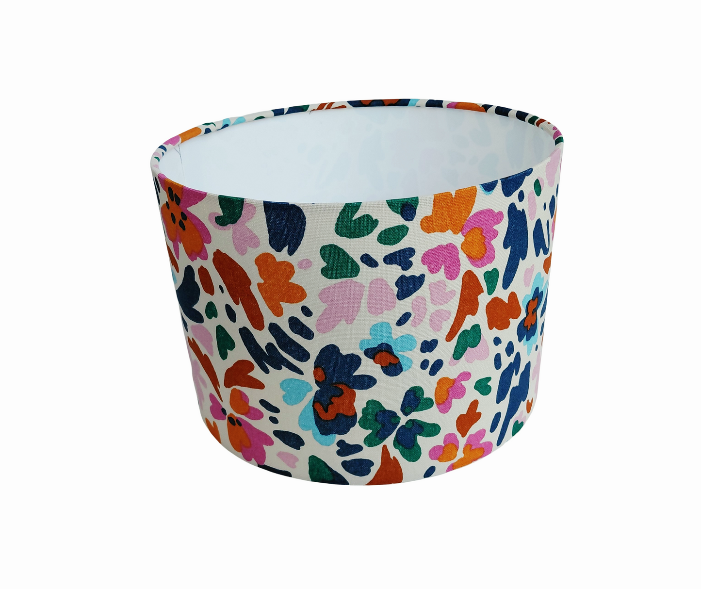 Abstract Floral Print Lampshade – Blue, Orange and Pink Drum Shade –  Bright Flower Print Lighting – Modern Botanical Home Decor