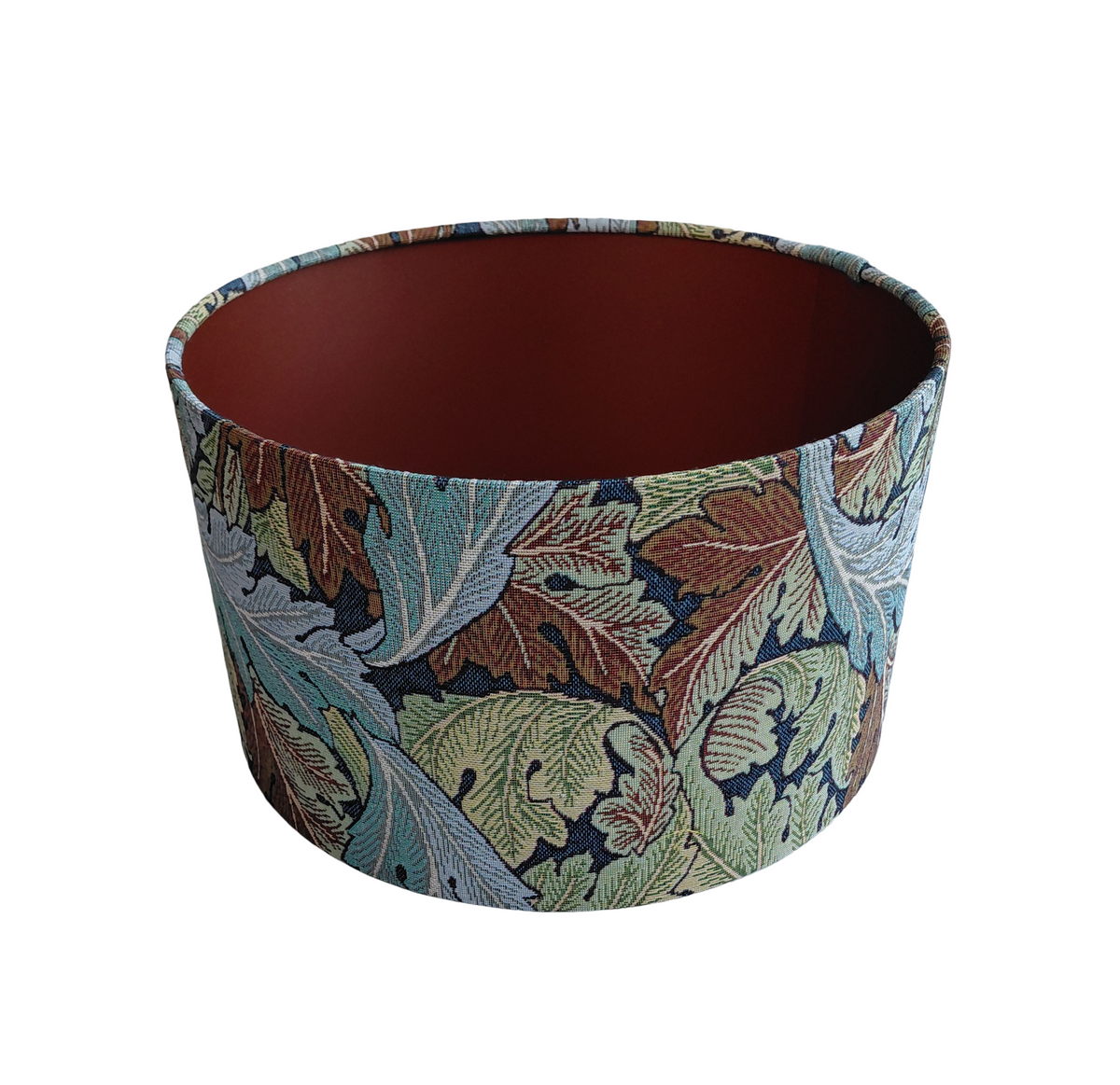 William Morris Acanthus tapestry print lampshade in blue and green with metallic embossed lining