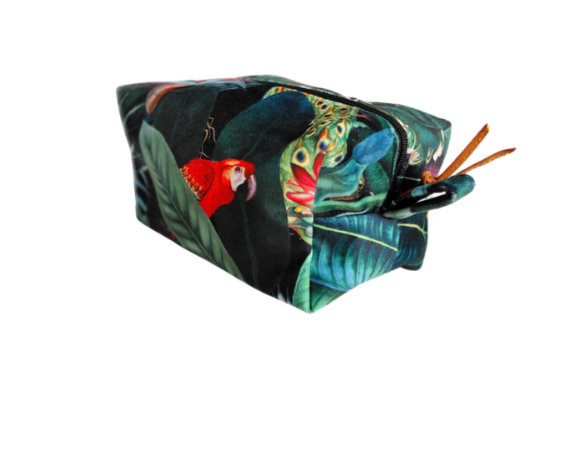 Tropical print cosmetic bag in black and green