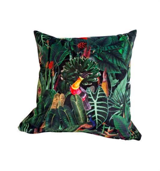 Tropical rainforest print velvet cushion in green