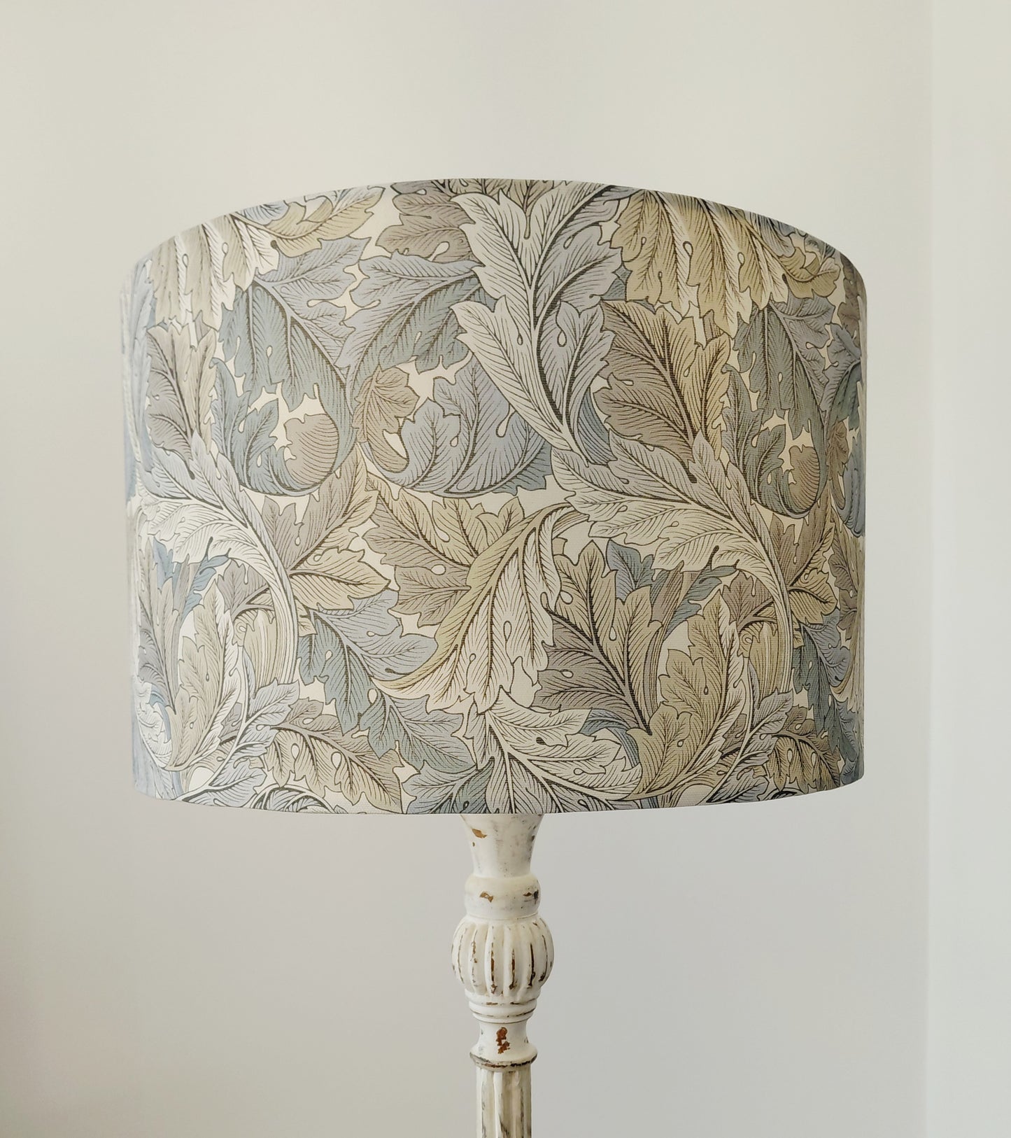 William Morris Acanthus linen print lampshade in grey and blue with white lining