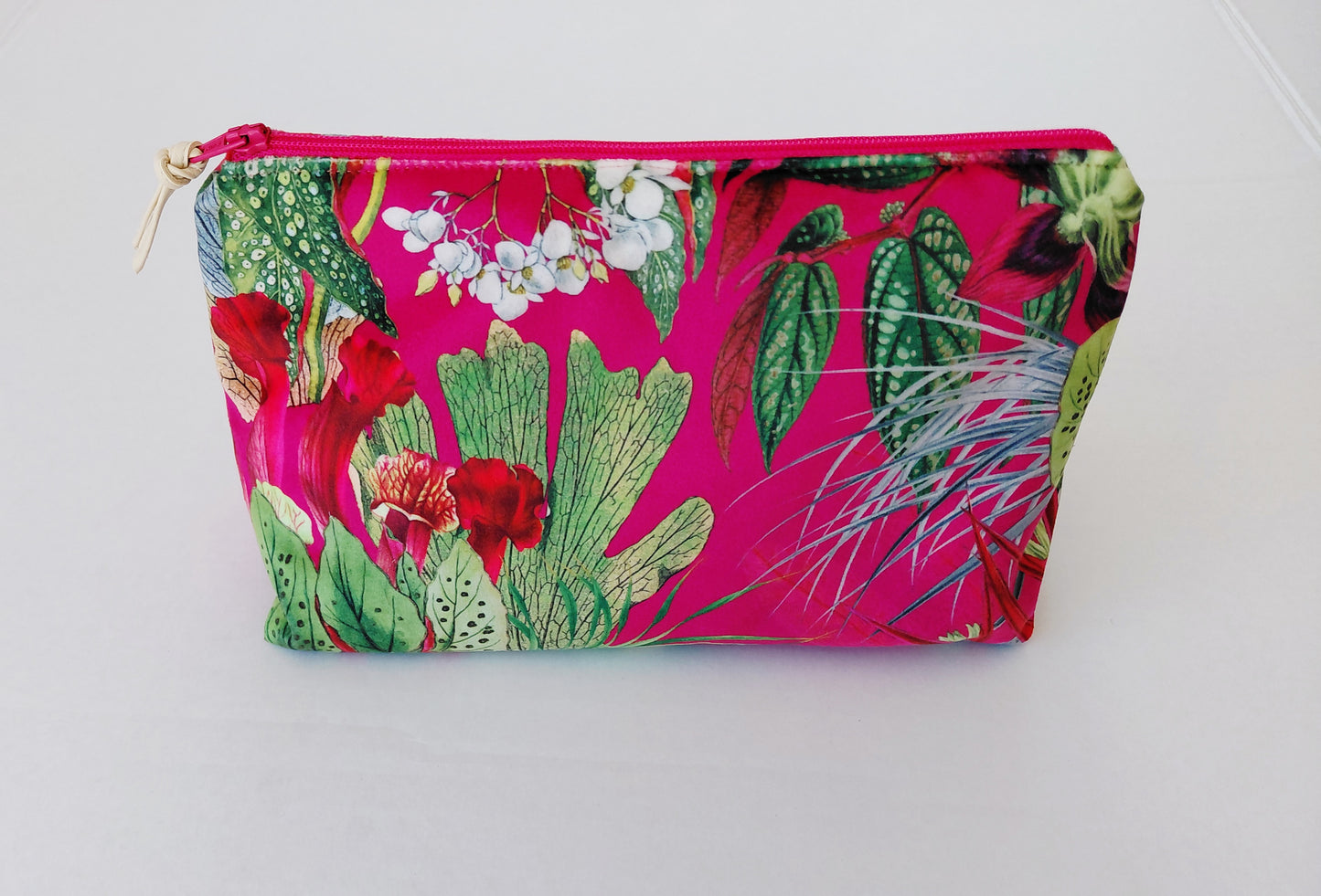 Tropical print large cosmetic bag in pink and green