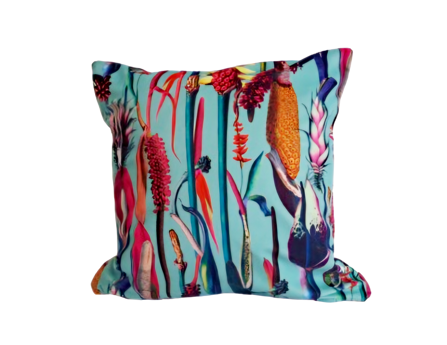 Botanical print velvet cushion in blue and pink