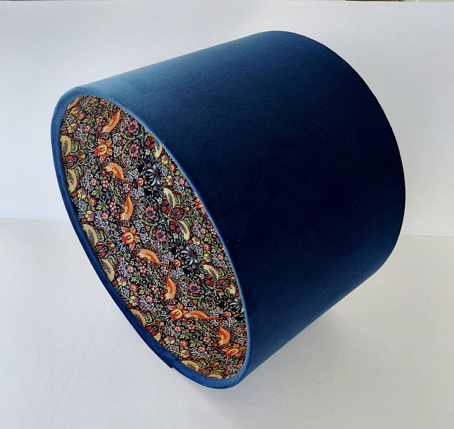 Double sided velvet lampshade with William Morris lining