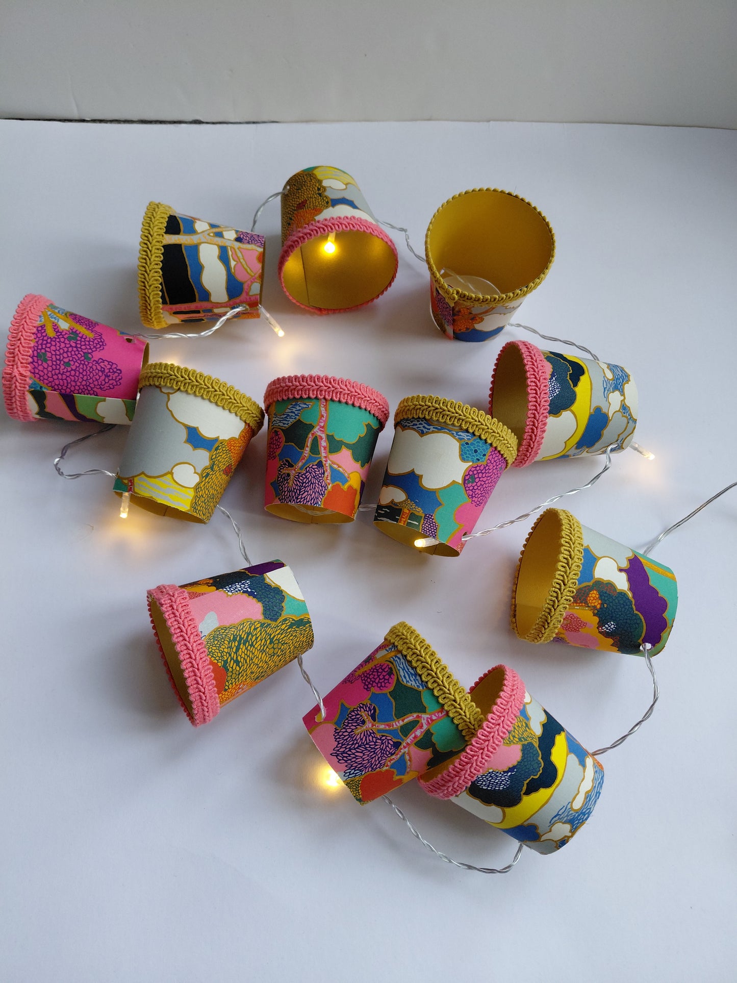 Fairy lights, fabric lanterns- Pink, yellow and blue tree print fabric string of lights with gold lining
