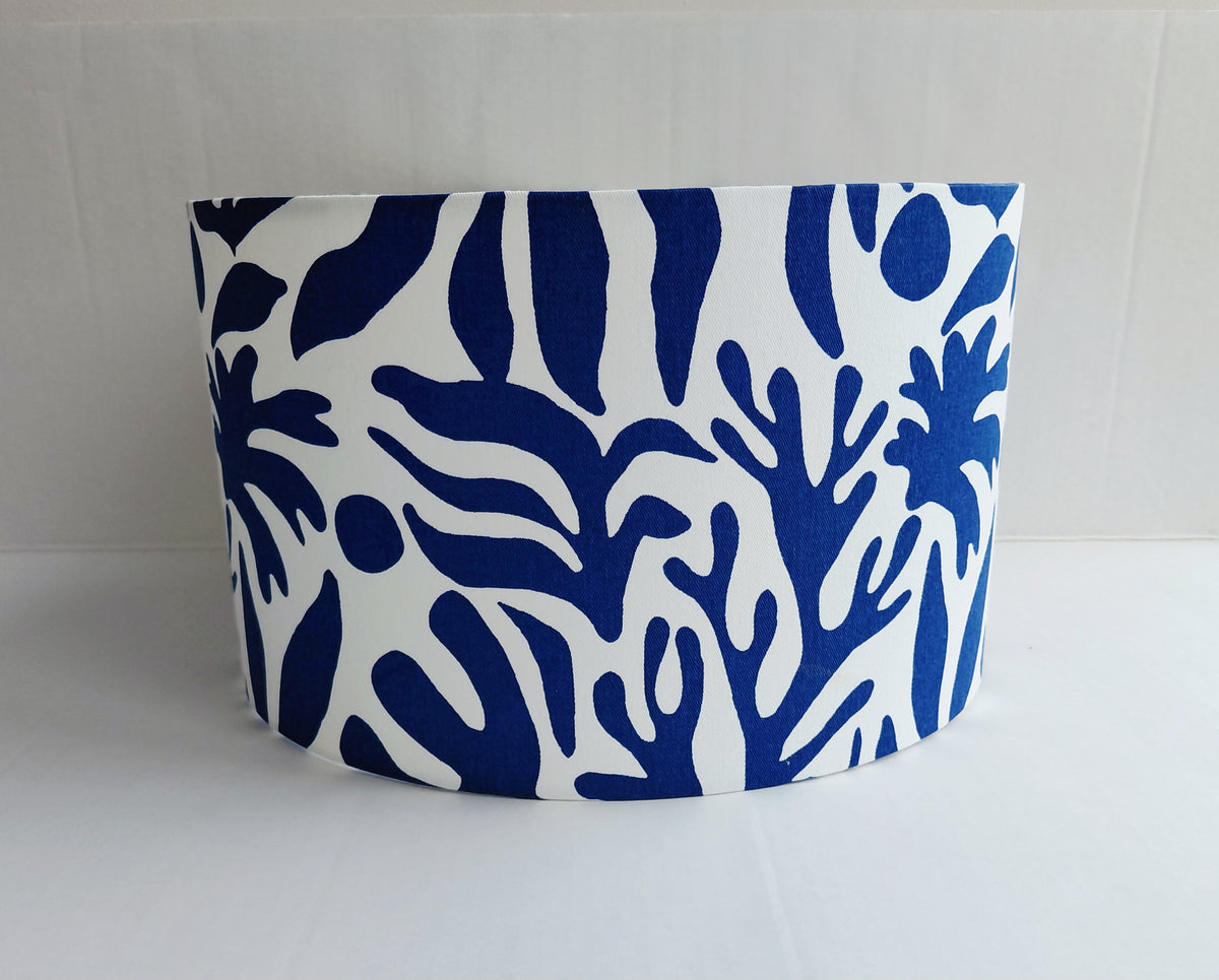 Blue seaweed print drum lampshade in blue and white. Coral reef print pendant