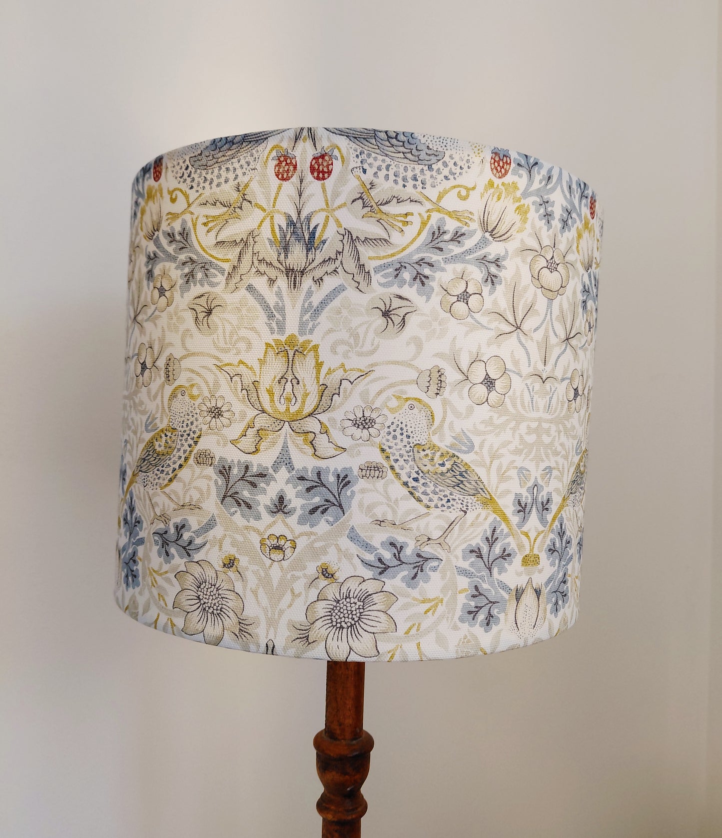 William Morris Strawberry thief print lampshade in linen and blue with white lining