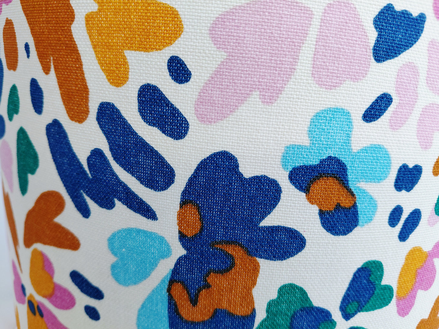 Abstract Floral Print Lampshade – Blue, Orange and Pink Drum Shade –  Bright Flower Print Lighting – Modern Botanical Home Decor