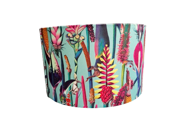 Botanical print lampshade in blue and pink with metallic embossed lining