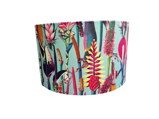 Botanical print lampshade in blue and pink with metallic embossed lining