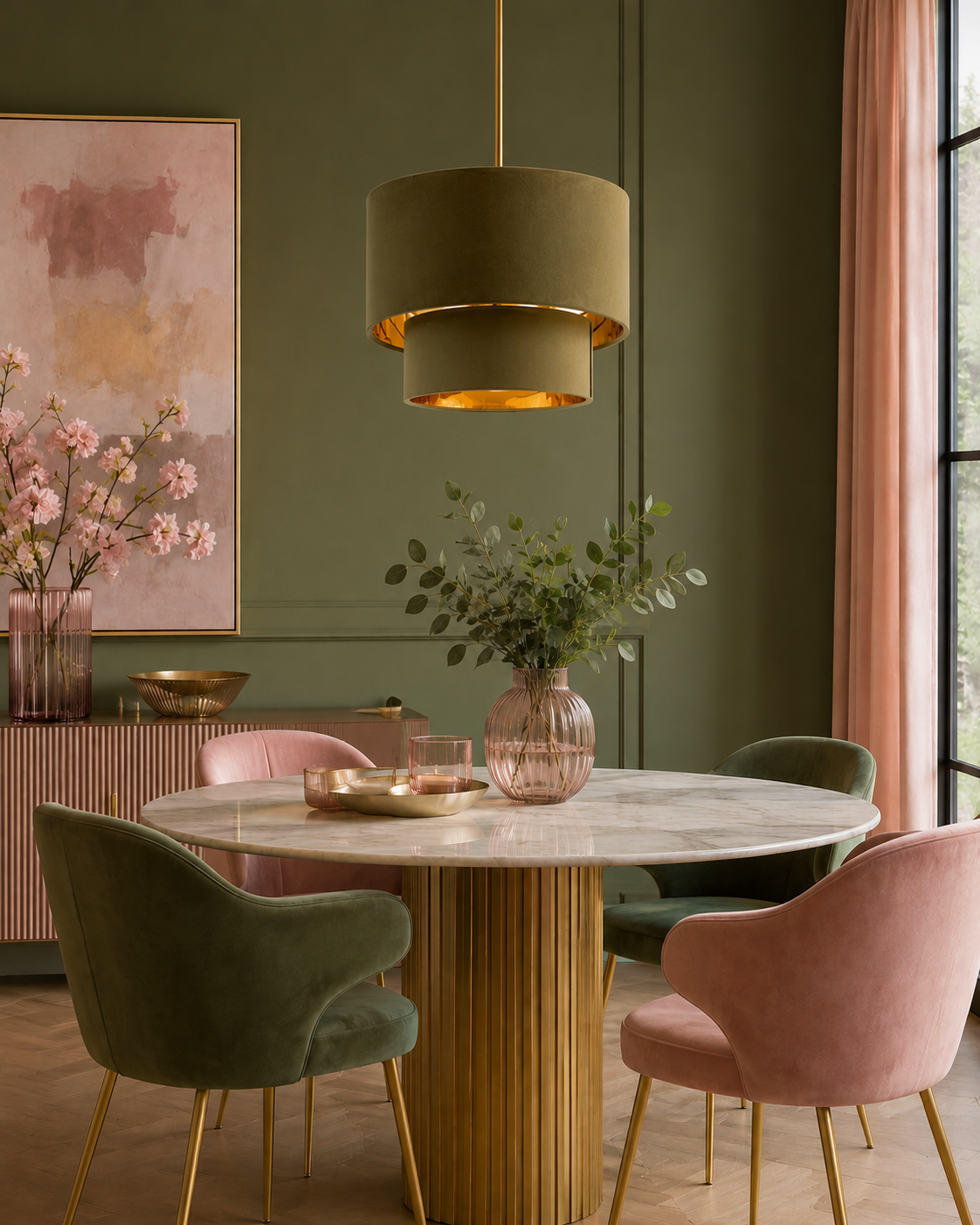 Two tier green velvet lampshade with gold mirror lining