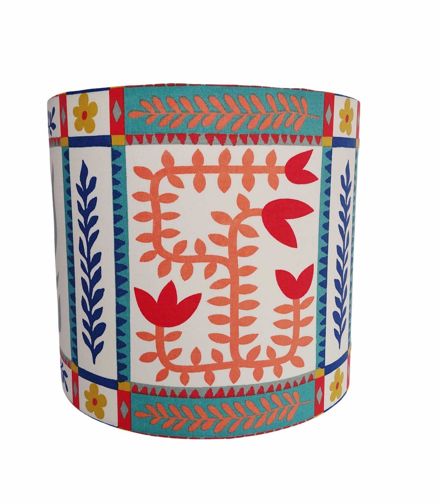Scandi style tile print lampshade in red, blue and green. Kitsch folk art flower print shade