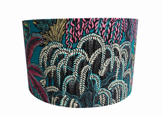 Tropical Print Lampshade – Teal and Pink Drum Shade – Lush Botanical Lamp Shade – Jungle inspired Print Lighting – Maximalist Decor