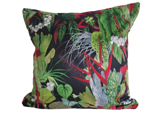 Tropical print velvet cushion in black and green