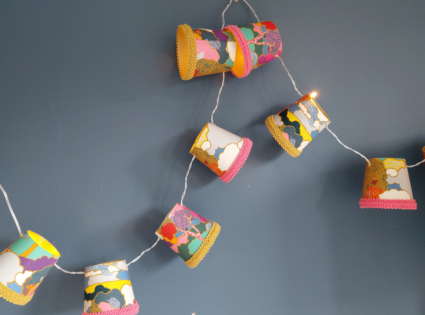 Fairy lights, fabric lanterns- Pink, yellow and blue tree print fabric string of lights with gold lining