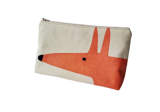 Mr Fox print large cosmetic bag in orange and beige