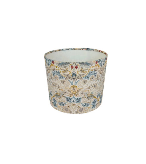 William Morris Strawberry thief print lampshade in linen and blue with white lining