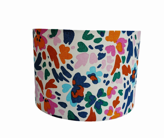 Abstract Floral Print Lampshade – Blue, Orange and Pink Drum Shade –  Bright Flower Print Lighting – Modern Botanical Home Decor