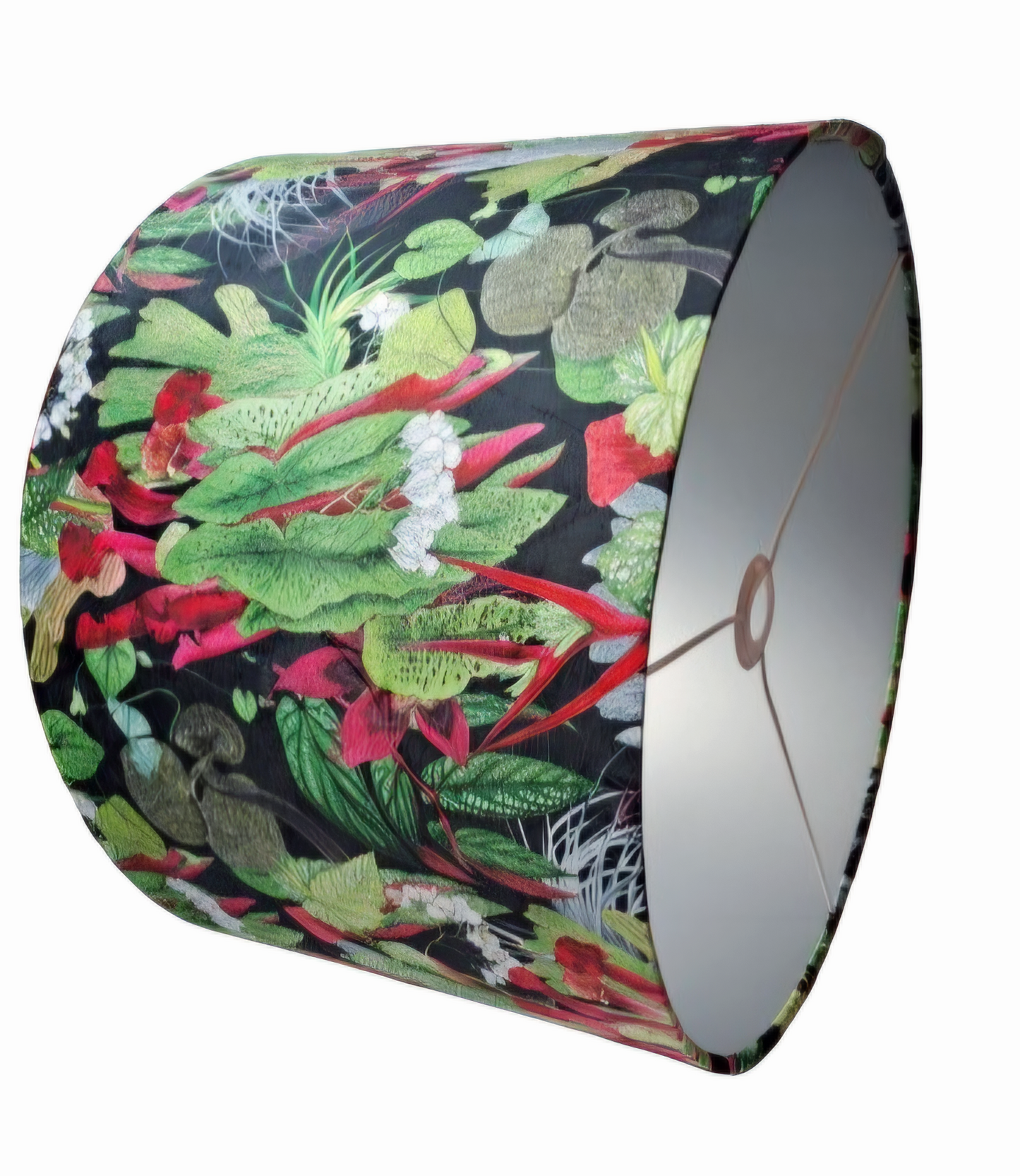 Tropical print lampshade in black, pink and green with metallic embossed lining