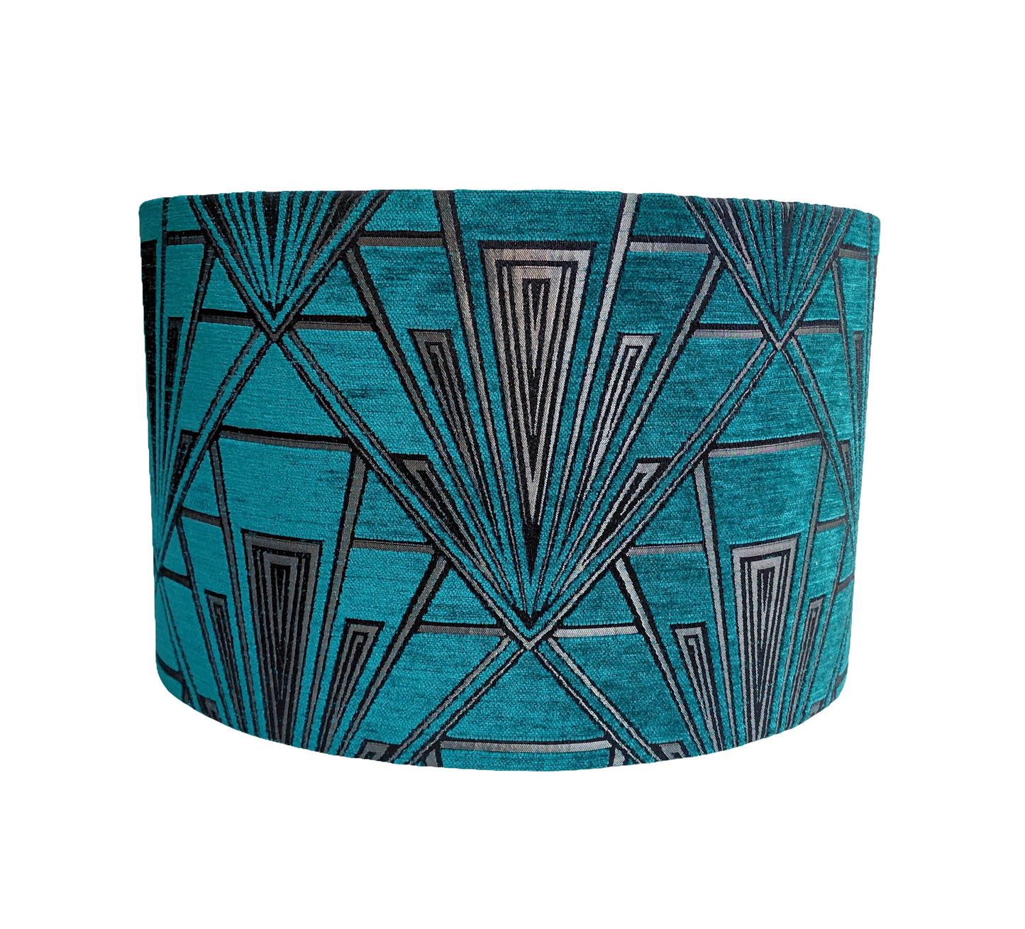 Art Deco print lampshade in teal with silver mirror lining