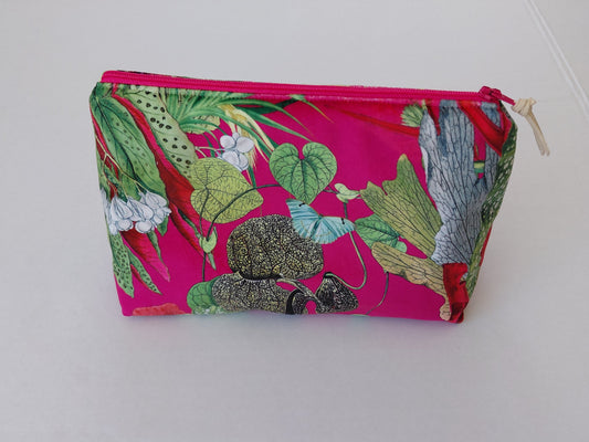 Tropical print large cosmetic bag in pink and green