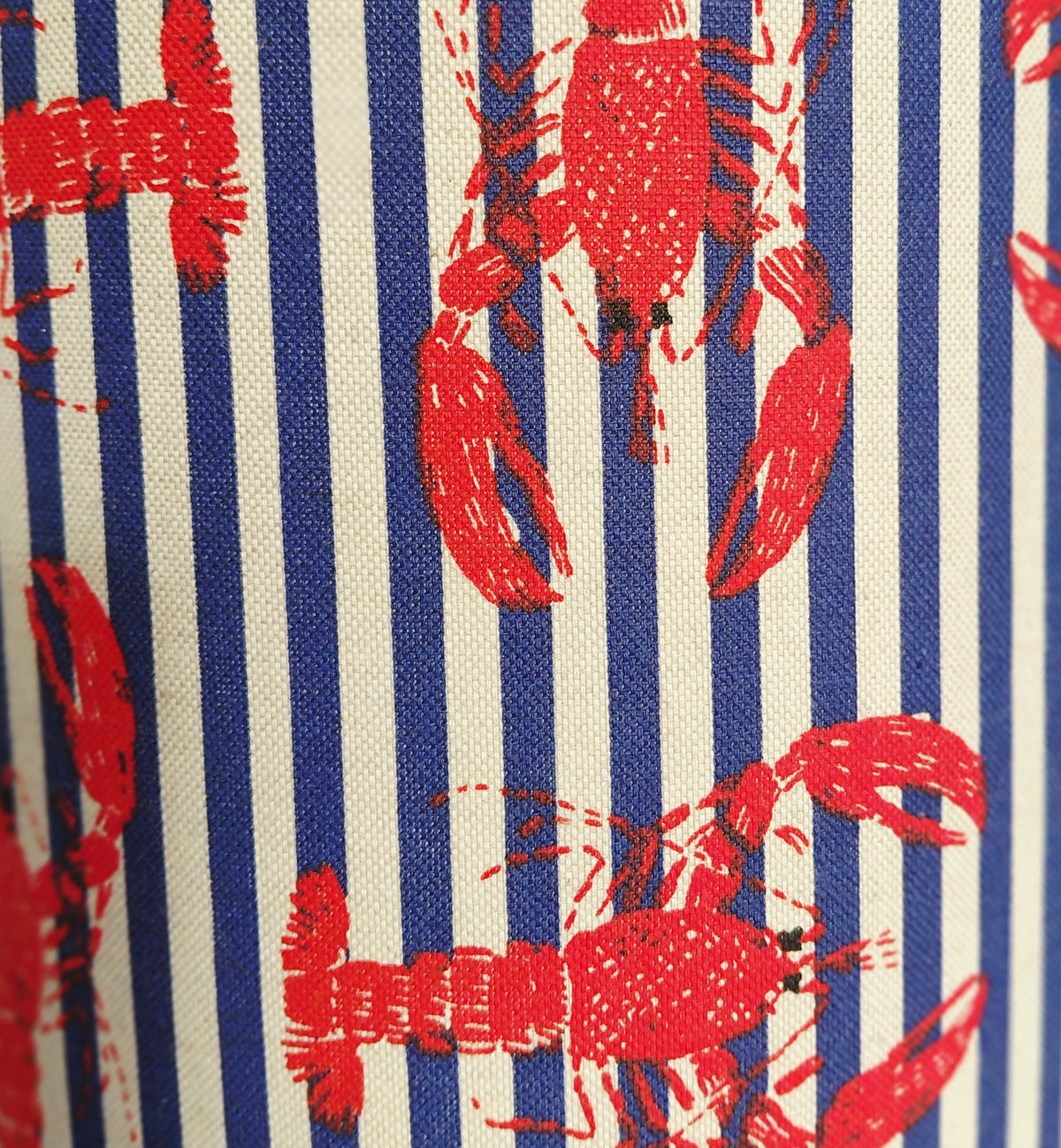 Red and blue lobster and stripe print drum lampshade: nautical print in red lamp and blue
