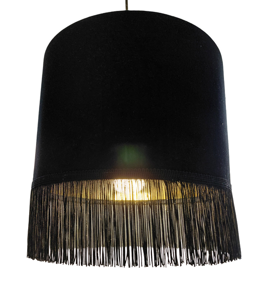 Black velvet lampshade with mirror gold lining and black fringe