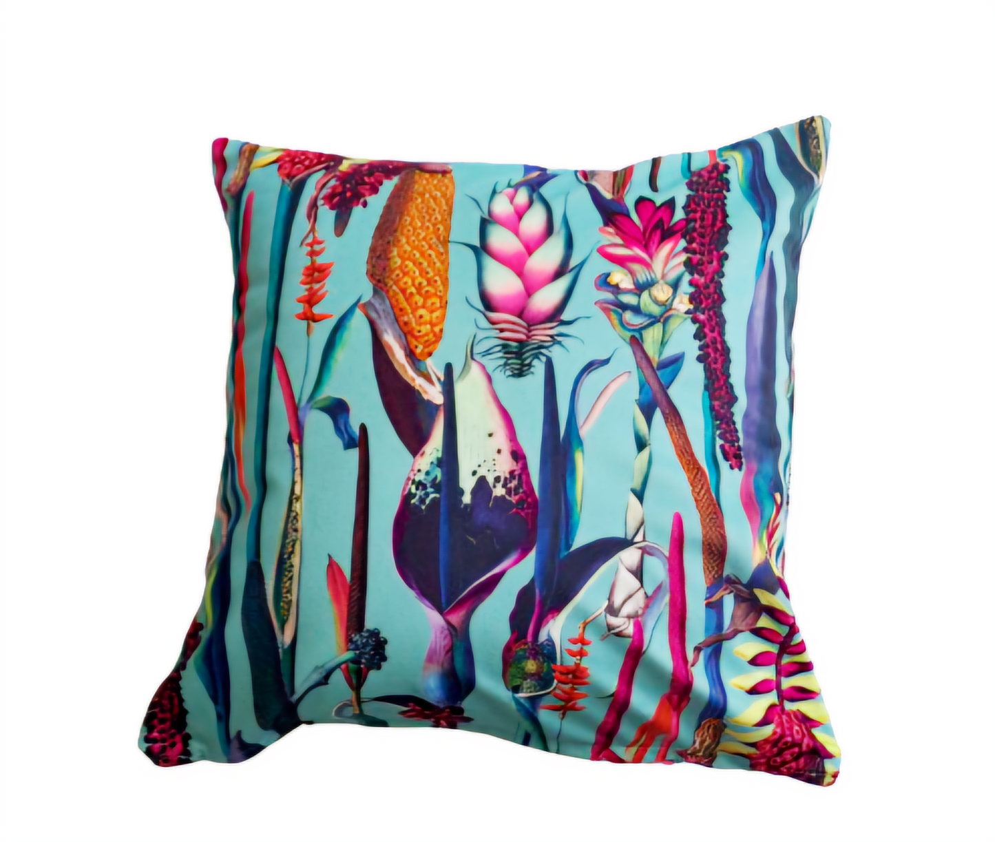 Botanical print velvet cushion in blue and pink