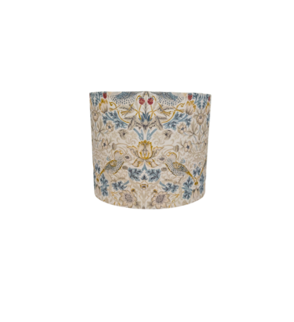 William Morris Strawberry thief print lampshade in linen and blue with white lining