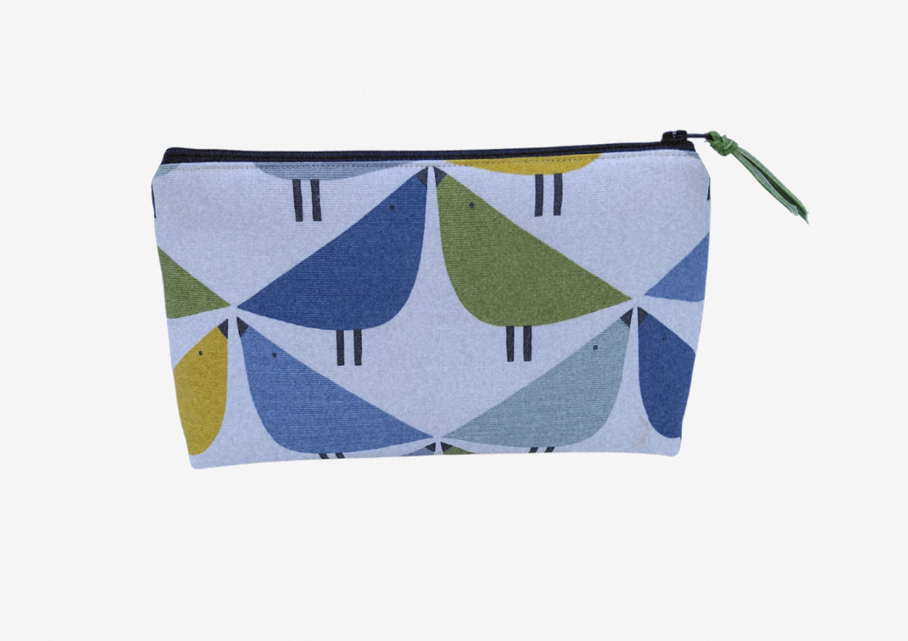 Love Bird print large cosmetic bag in blue and green