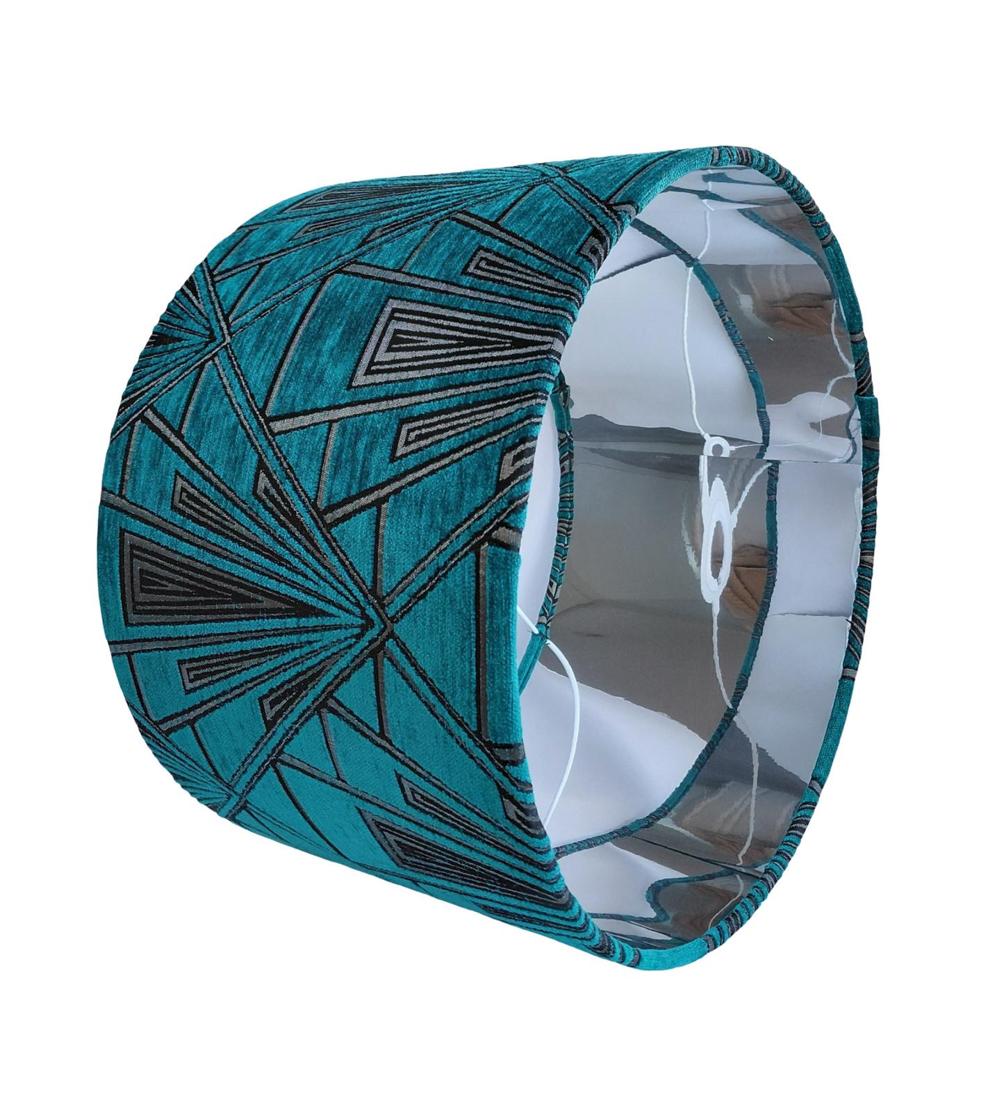 Art Deco print lampshade in teal with silver mirror lining