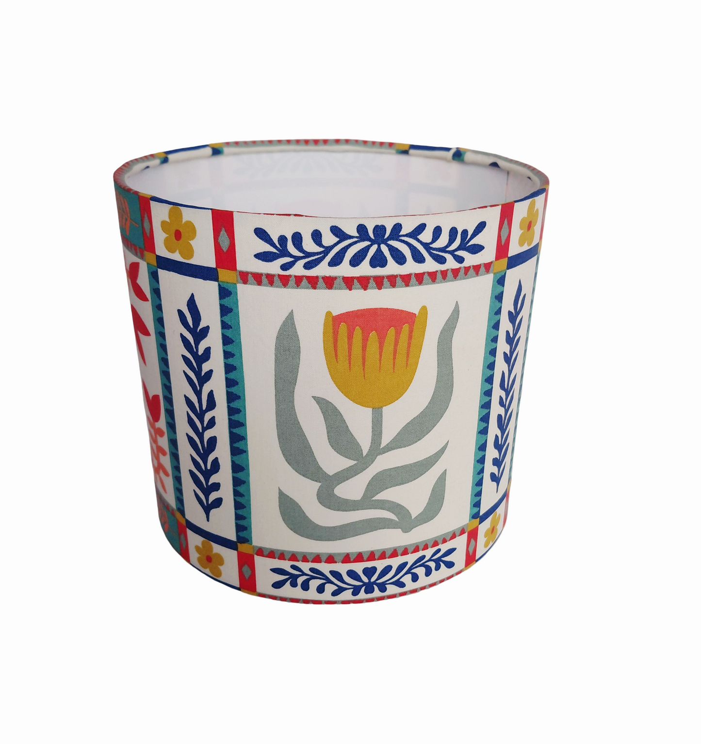 Scandi style tile print lampshade in red, blue and green. Kitsch folk art flower print shade