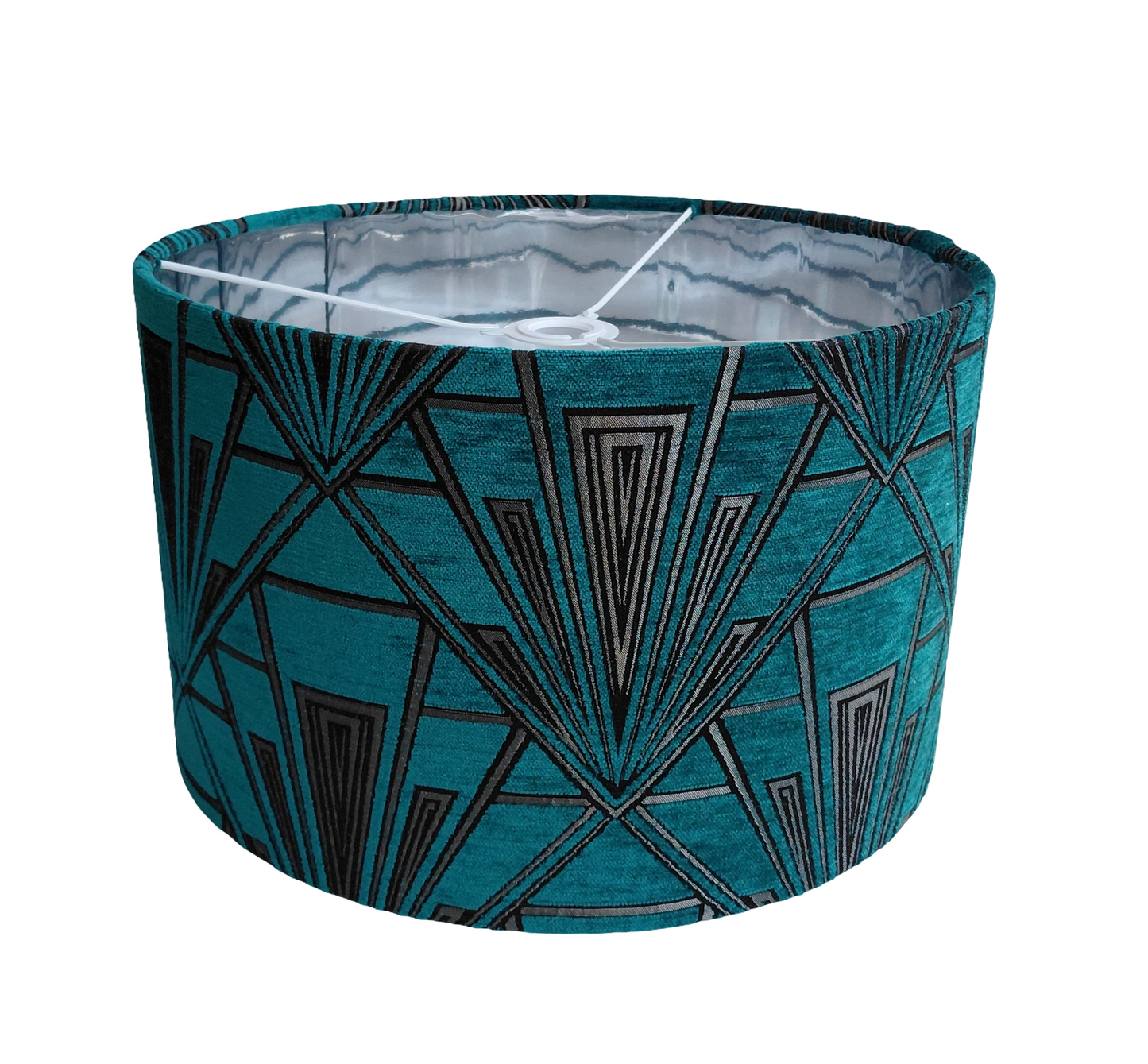 Art Deco print lampshade in teal with silver mirror lining